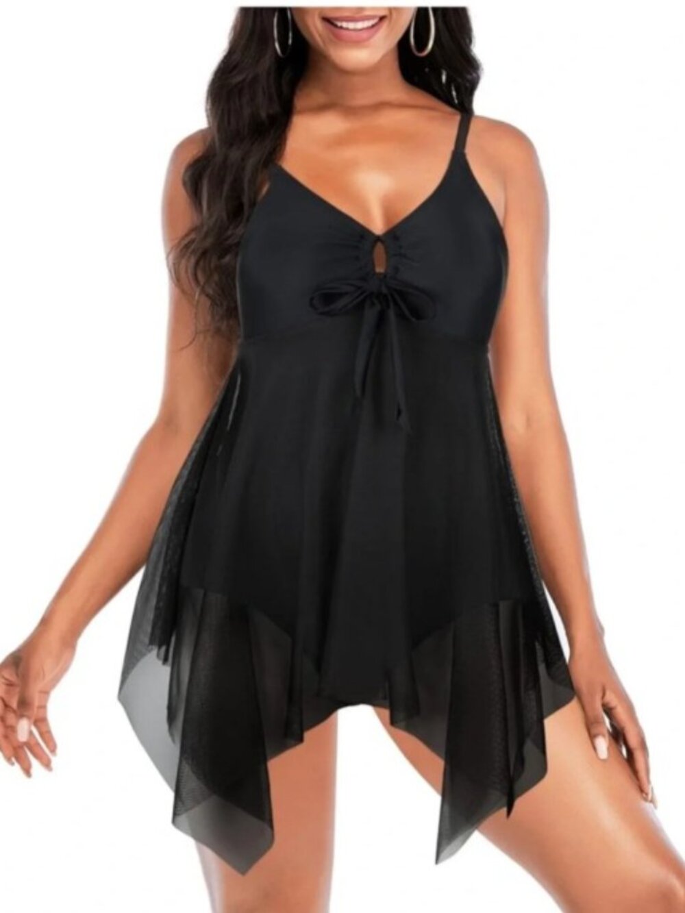 Unbranded Women's Medium NWOT Black V Neck Mesh Handkerchief Hem Swimsuit Dress